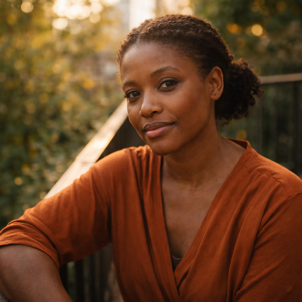 A personal photo of the author — a thoughtful African woman with a journal